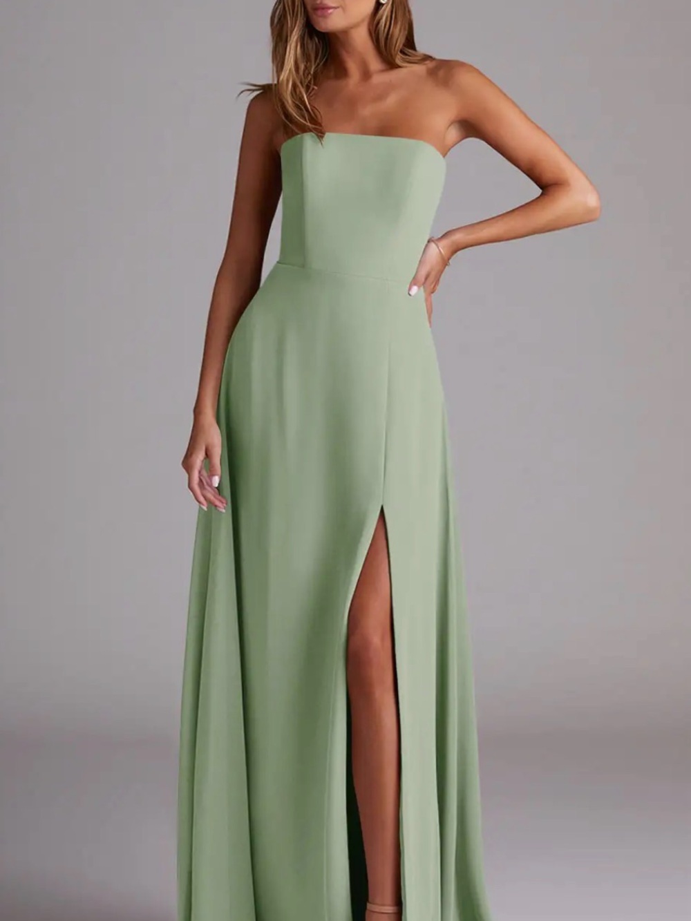Azazie Wren Strapless Sage Green Evening Gown